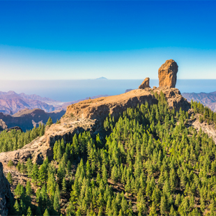 Roque Nublo op Gran Canaria met de hoge rotsformatie in een ruig berglandschap, omringd door vulkanische rotsen en groene begroeiing.